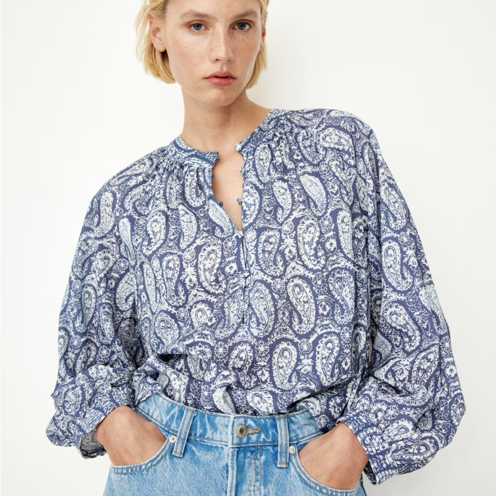 H&M Paisley Print Blue Band Collar Balloon Sleeve Blouse